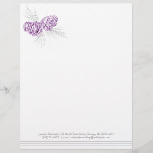 Pine cones art purple grey wedding letterhead