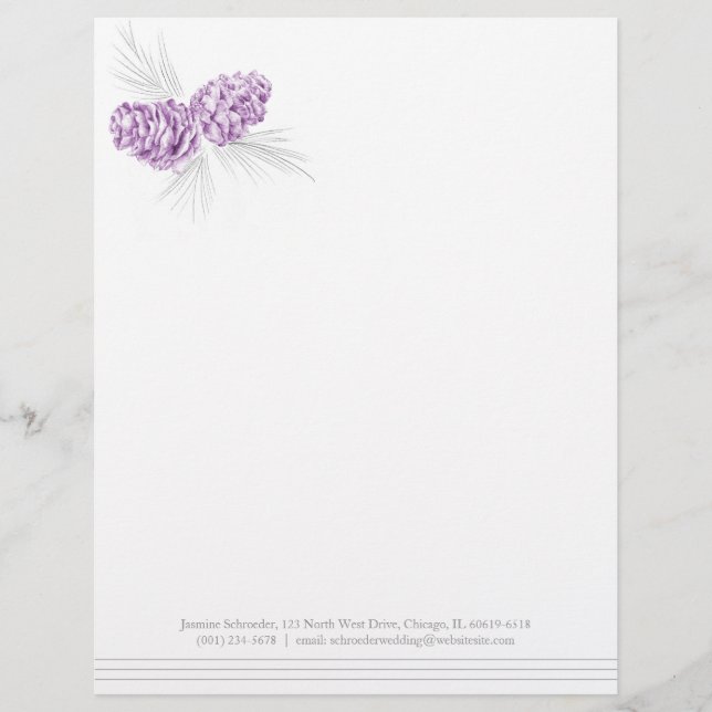 Pine cones art purple grey wedding letterhead template (Front)