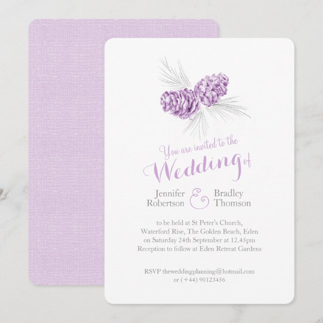 Pine cones art purple grey winter wedding invites (Front/Back)