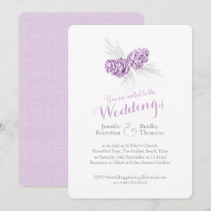 Pine cones art purple grey winter wedding invites