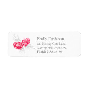 Pine cones art red grey wedding reply labels