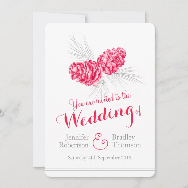 Pine cones art red grey winter wedding invitations (Front)