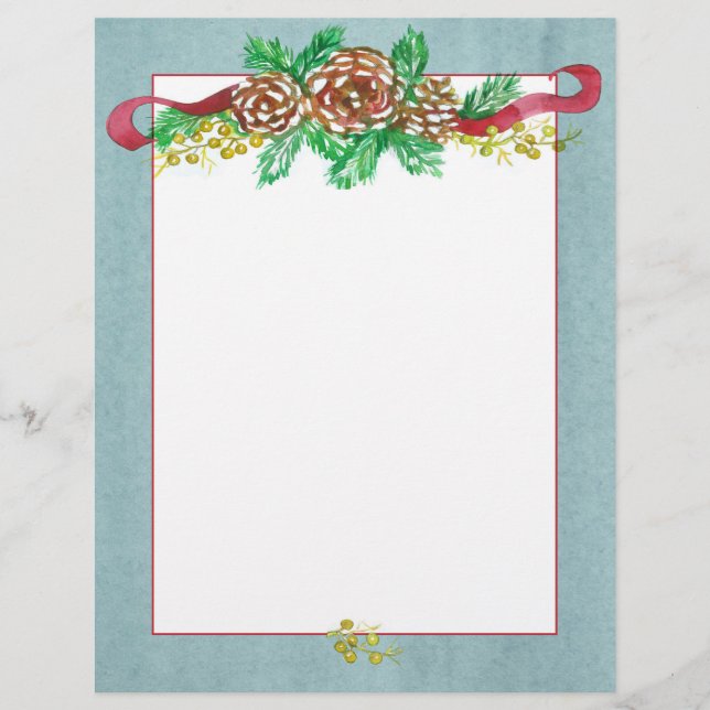 Pine Cones Berries Grey Christmas Letter Custom Letterhead (Front)
