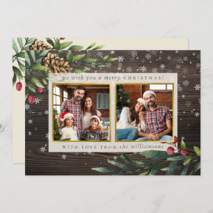 Pine Cones & Berries   Wood & Gold Christmas Photo Invitation