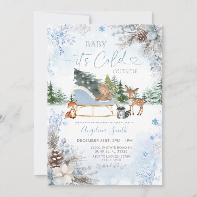 Pine cones Blue Snowflake Truck Baby Shower Invitation (Front)