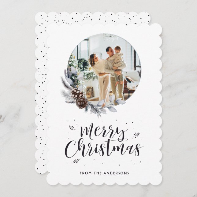 Pine Cones Botanical Wreath Photo Merry Christmas Holiday Card (Front/Back)