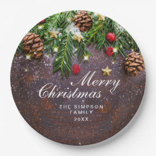 Pine Cones Branch Rustic Holiday Christmas Party Paper Plate