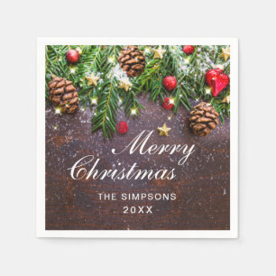 Pine Cones Branch Rustic Merry Christmas Holiday Napkin