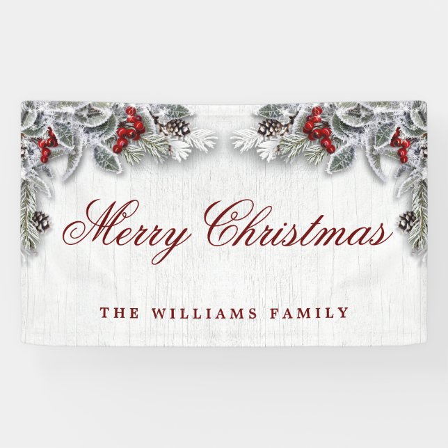 Pine Cones Branch Rustic Wood Merry Christmas Banner (Horizontal)