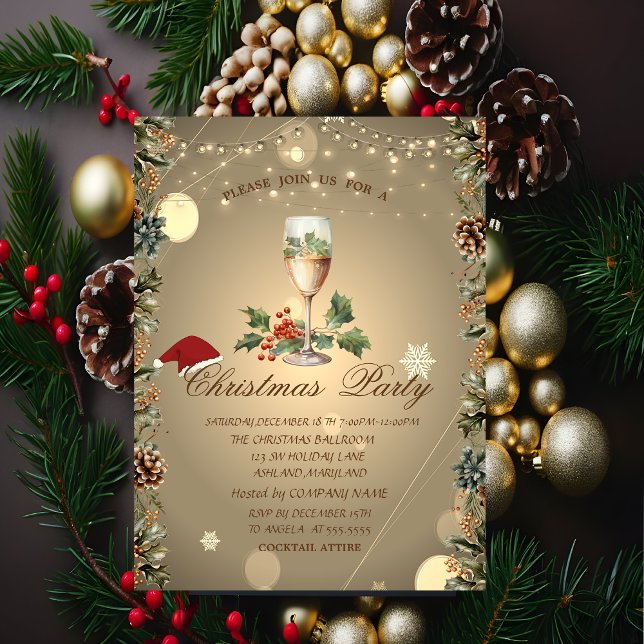 Pine cones,Branches,Santa Hat Champagne Christmas Invitation (Creator Uploaded)
