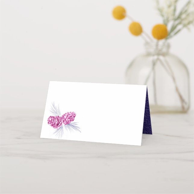 Pine cones drawing art navy plum place cards (Front)