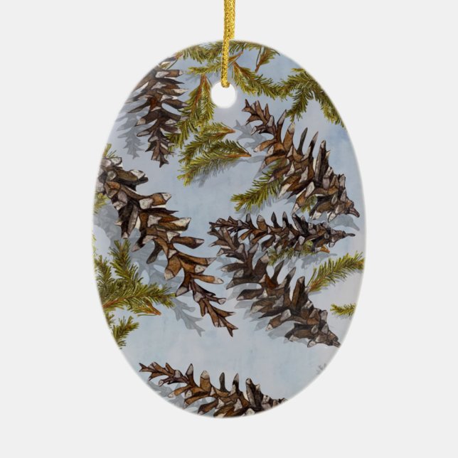 Pine Cones Evergreen Branches Holiday Ornament (Front)