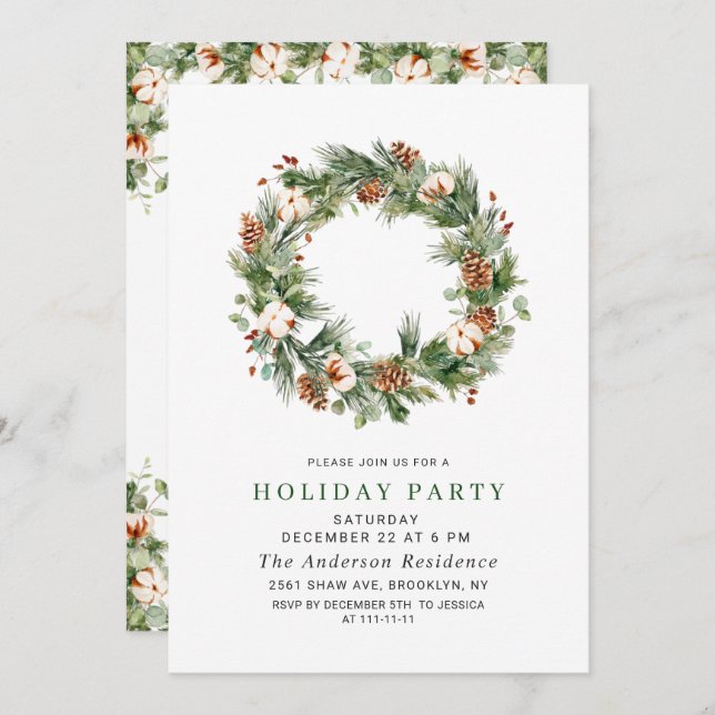 Pine Cones Fir Wreath Holiday Christmas Party Invitation (Front/Back)