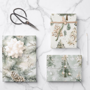 Pine Cones Green Cream Christmas Trees Snowflakes Wrapping Paper Sheet