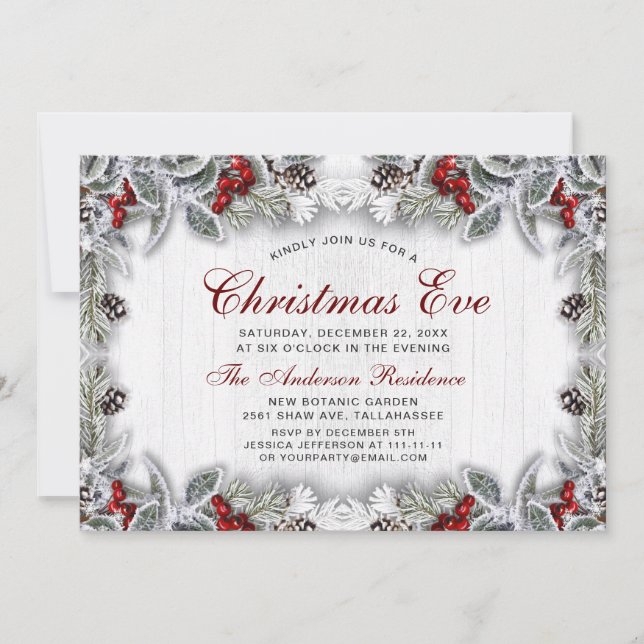 Pine Cones Holly Berry Branch Rustic Christmas Eve Invitation (Front)