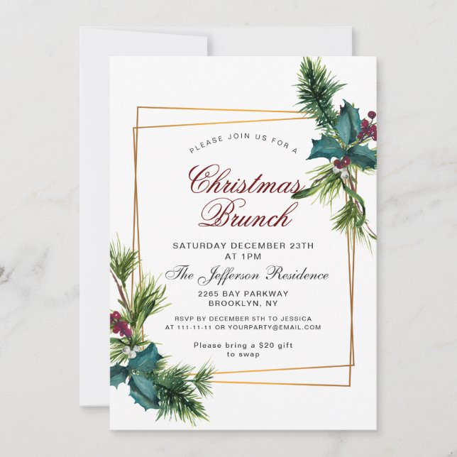 Pine Cones Holly Frame Christmas Holiday BRUNCH Invitation (Front)