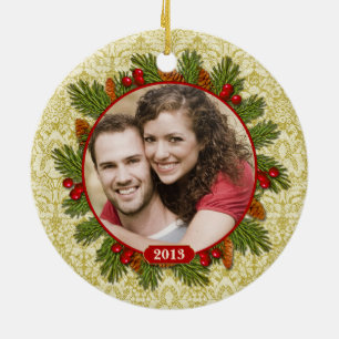 Pine Cones Holly Lace Family Photo Christmas Ceramic Ornament