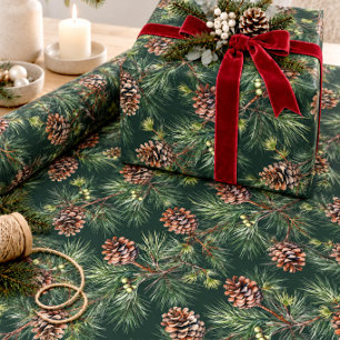 Pine Cones Laden White Pine Garlands Wrapping Paper
