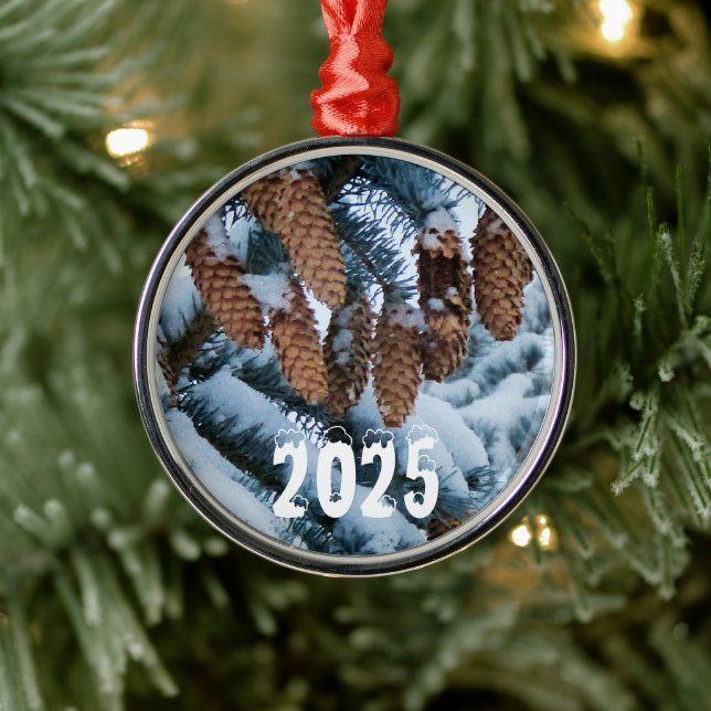 Pine Cones on a Pine Tree Covered with Snow Metal Ornament (Tree)