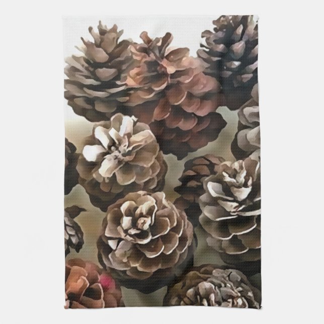 Pine Cones Organic Christmas Ornaments Art Tea Towel (Vertical)