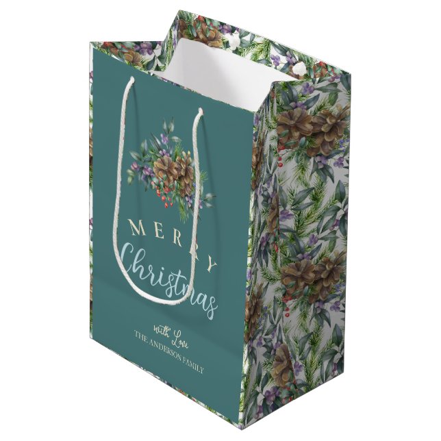 Pine cones pattern Merry Christmas floral Medium Gift Bag (Front Angled)