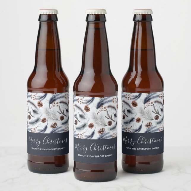 Pine Cones & Pine Needles Christmas Pattern Beer Bottle Label (Bottles)