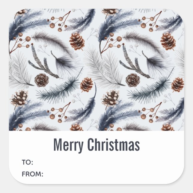 Pine Cones & Pine Needles Christmas Pattern Square Sticker (Front)
