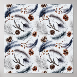 Pine Cones & Pine Needles Watercolor Pattern Poster