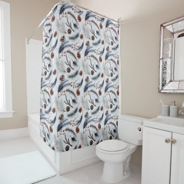 Pine Cones & Pine Needles Watercolor Pattern Shower Curtain (In Situ)