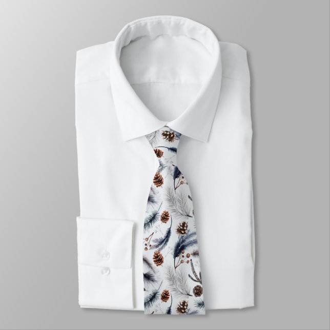 Pine Cones & Pine Needles Watercolor Pattern Tie (Tied)