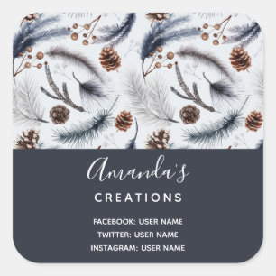 Pine Cones & Pine Needles Winter Pattern Business Square Sticker
