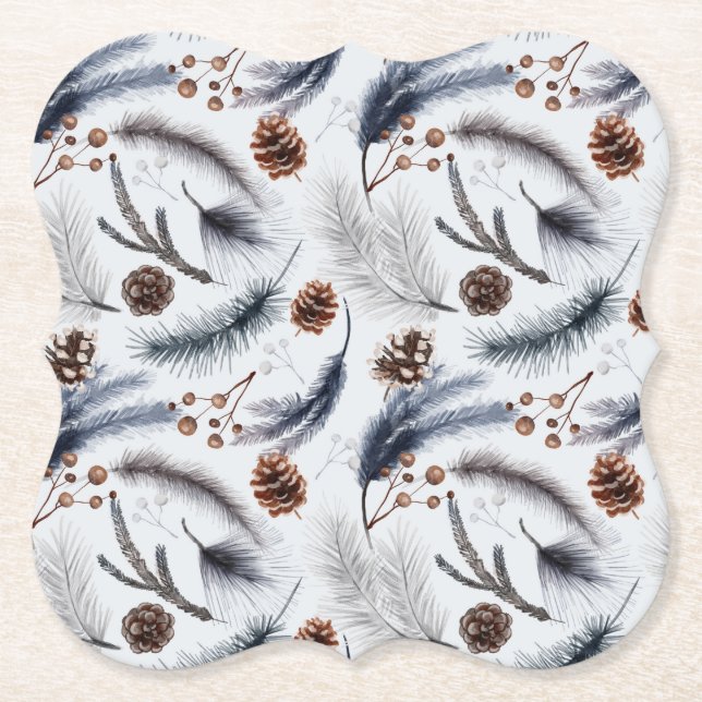 Pine Cones & Pine Needles Winter Pattern  Paper Coaster (Front)