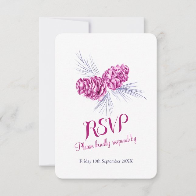 Pine cones plum and navy wedding RSVP Card (Front)