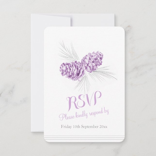 Pine cones purple wedding RSVP (Front)
