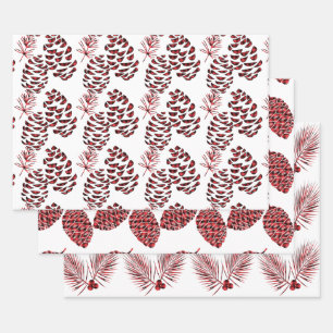 Pine Cones Red and Black Buffalo Plaid Wrapping Paper Sheet