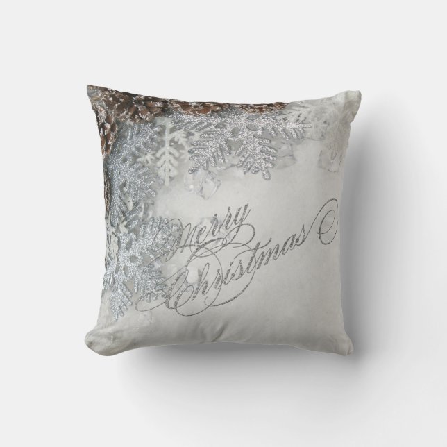 Pine Cones, Snowflakes Merry Christmas Cushion (Front)