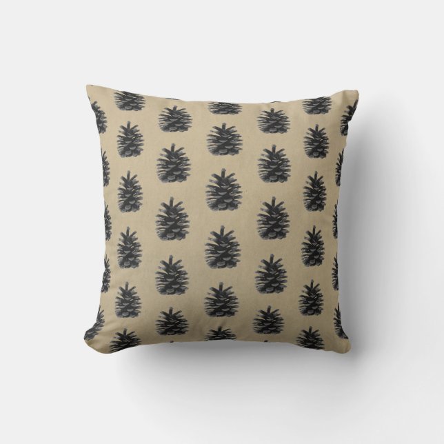 Pine cones, taupe and black patterned cushion (Front)