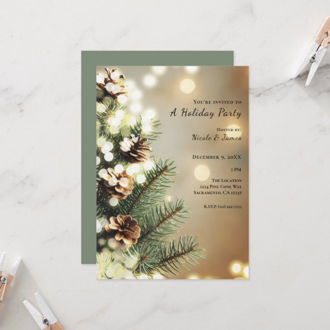 Pine Cones Tree Lights Minimal Classic Holiday Invitation (Front/Back In Situ)