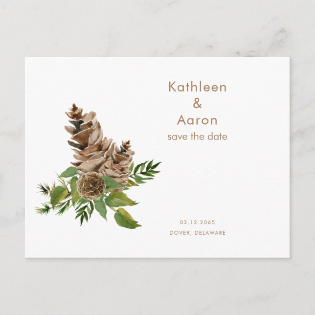 Pine Cones Wedding Website Save the Date  Announcement Postcard (Front)