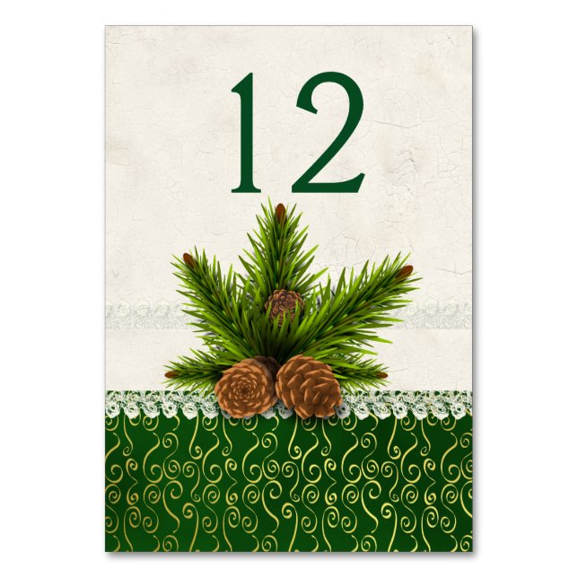 Pine Cones Winter Wedding Table Number Card (Front)