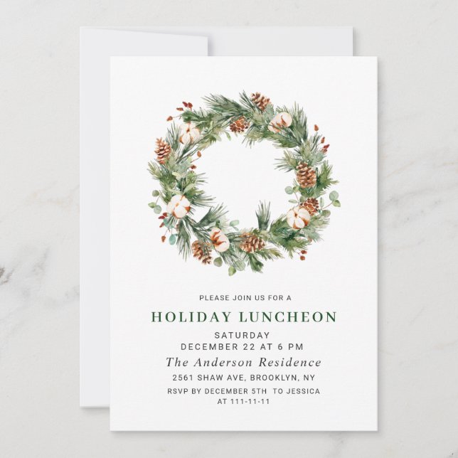 Pine Cones Wreath CHRISTMAS HOLIDAY LUNCHEON Invitation (Front)