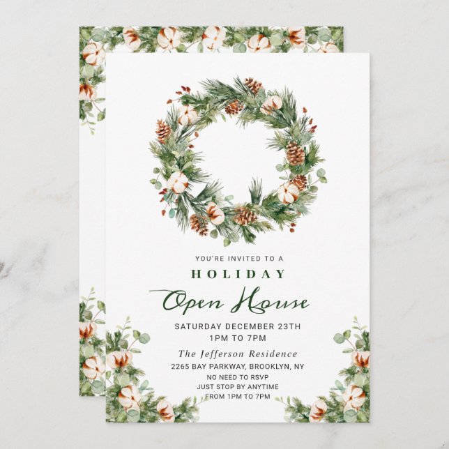 Pine Cones Wreath CHRISTMAS Holiday Open House Invitation (Front/Back)