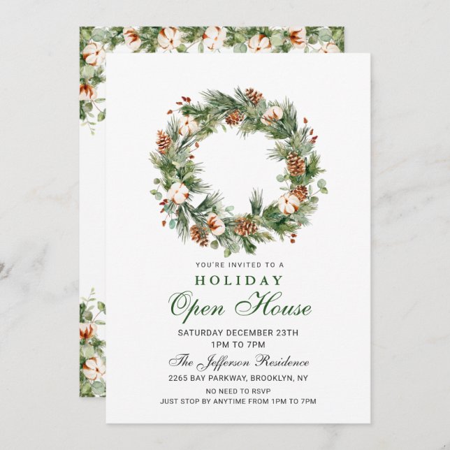 Pine Cones Wreath Christmas Holiday Open House Invitation (Front/Back)