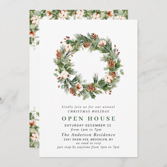 Pine Cones Wreath Holiday CHRISTMAS OPEN HOUSE Invitation (Front/Back)