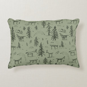 Pine Deer Lake Life - sage green woodland pattern. Decorative Cushion