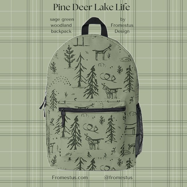 Pine Deer Lake Life - sage green woodland pattern. Printed Backpack (Creator Uploaded)
