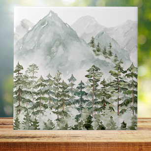 Pine Forest and Mountains Watercolor Ceramic Tile