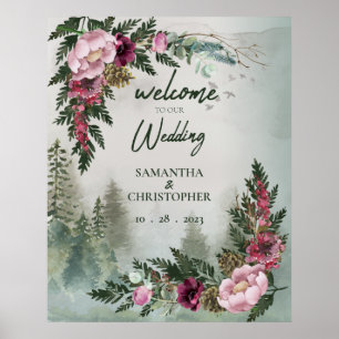 Pine Forest Burgundy Rose Wedding Welcome Sign