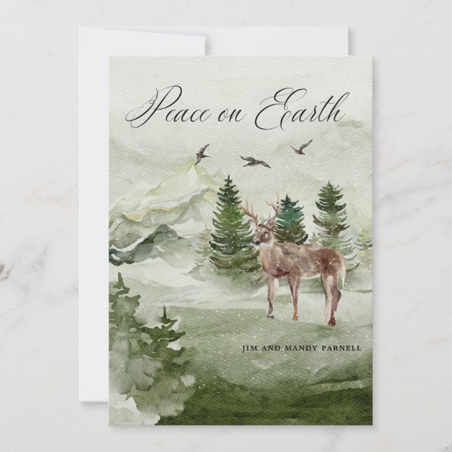 Pine Forest Deer Peace on Earth Christmas Card (Front)