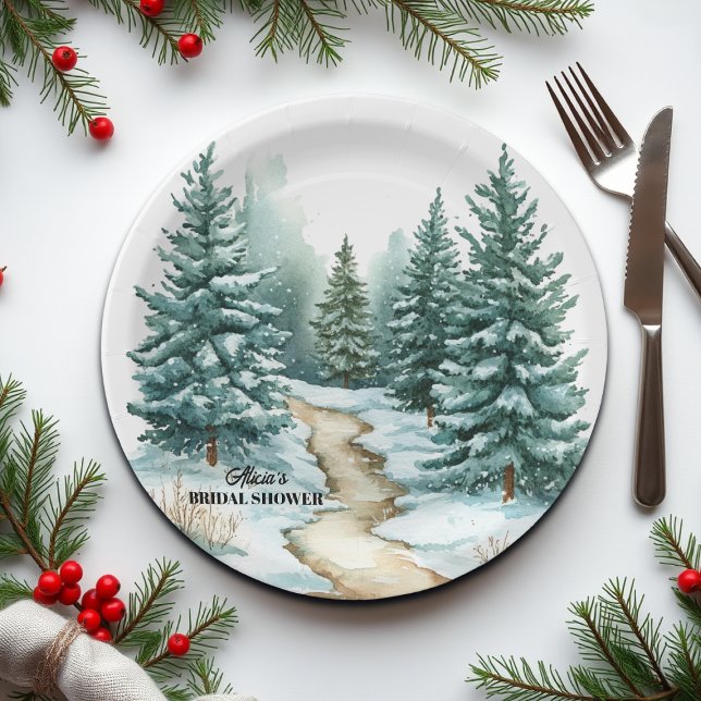 Pine Forest in Snow Winter Bridal Shower Paper Plate (Creator Uploaded)